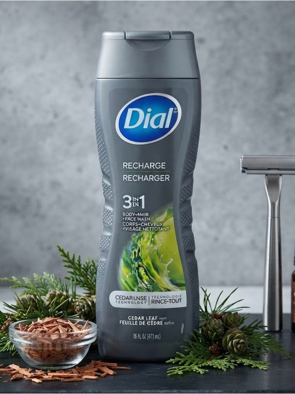 Dial Men Recharge 3-in-1 Body Wash, Hair & Face Cleanser – Cedar Leaf Scent, 16